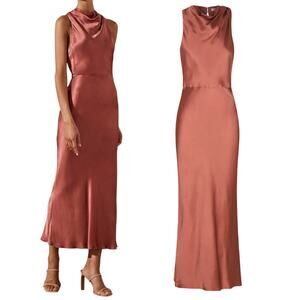 Shona Joy La Lune Satin High Neck Cowl Midi Dress Bias Cut Terracotta US 6